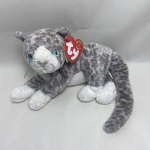 Ty Beanie Babies Purr Grey and White Cat Blue Eyes Stuffed Animal Plush Beanbag